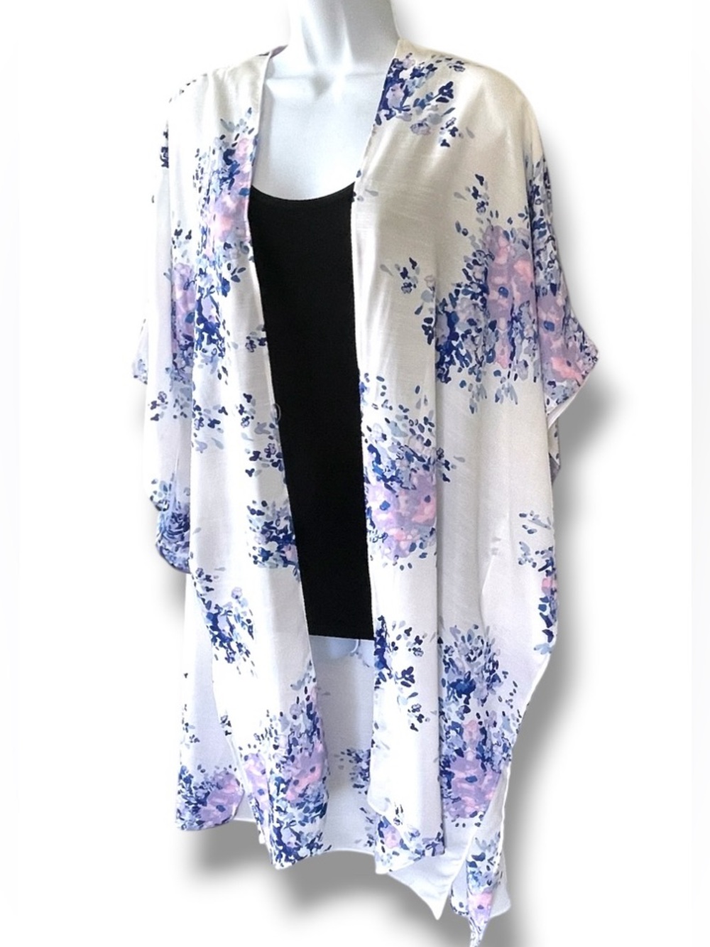 Kimono Cardigan Duster Boho Beach Cover Up White Blue Floral Print One Size - Picture 2 of 8